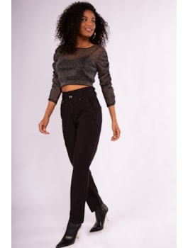 BLUSA MANGA 3/4 EM TULE PRETO C BRILHO