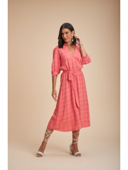 VESTIDO MIDI MC EM VISCOSE XADREZ CORAL